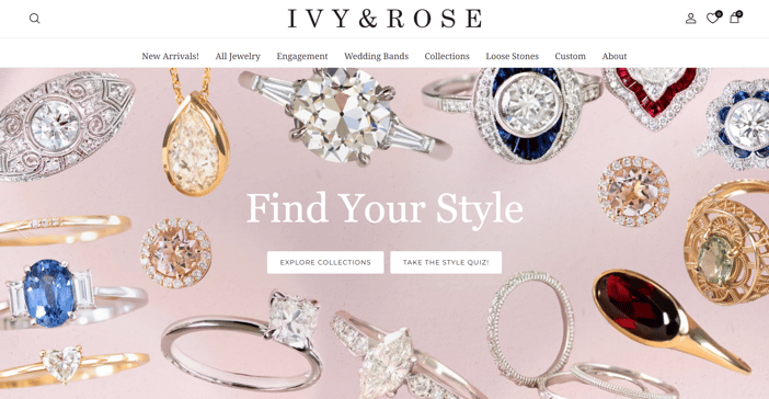 Ivy & Rose website, featuring large bright images of diamond rings